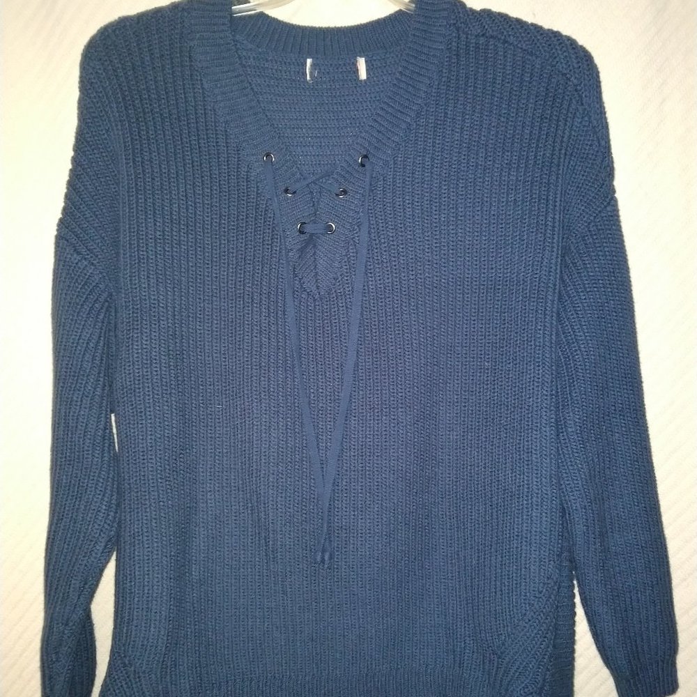 knit sweater V-neck tie blue XL- 2X cute cozy casual unisex